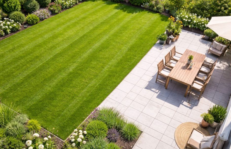Grundstückspflege Göttingen Ein gepflegter Rasen mit Gartentisch und Stühlen, umgeben von grünen Pflanzen.