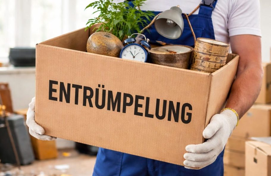 Entrümpelung Göttingen und Umgebung Eine Person hält einen Karton mit dem Aufdruck „Entrümpelung“ und verschiedenen Gegenständen.