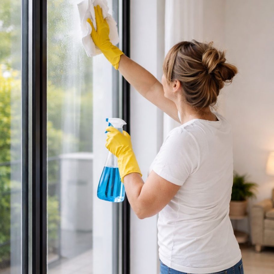 Gebäudereinigung Göttingen Eine Person mit gelben Handschuhen reinigt ein Fenster mit einem Spray und einem Tuch.