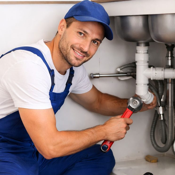Klempner Göttingen Handwerker mit einem Schraubenschlüssel repariert ein Abflussrohr unter einer Spüle.