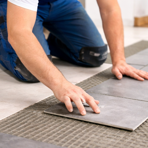 Reparatur- und FLiesenarbeiten in Göttingen Ein Handwerker verlegt Fliesen auf einem vorbereiteten Untergrund.