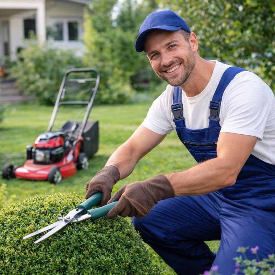 Garten- und Grundstückspflege Göttingen Mann schneidet eine Buchsbaumhecke mit einer Schere, Rasenmäher im Hintergrund.