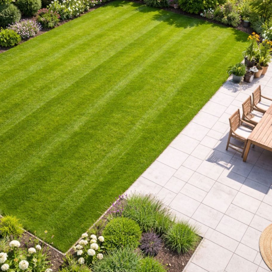 Garten- und Grundstückspflege Göttingen Grüner Rasen mit angelegten Streifen und Pflanzbeeten, Frühstückstisch auf der Terrasse.
