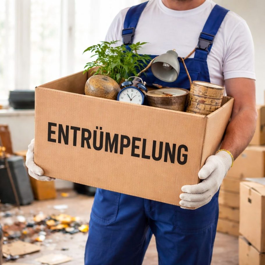 Haushaltsauflösung in Göttingen Mann trägt eine Umzugskiste in einem unordentlichen Raum mit vielen Gegenständen.